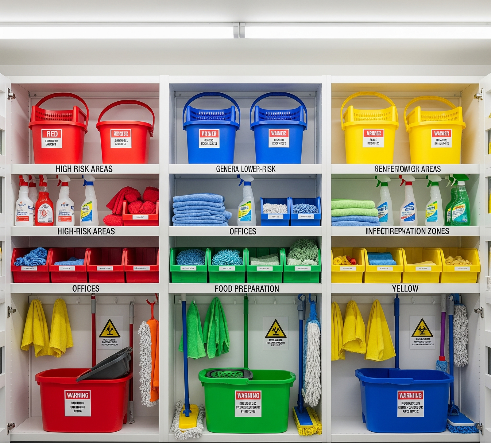 Colour coded cleaning equipment and COSHH compliant storage used in commercial cleaning operations in Birmingham