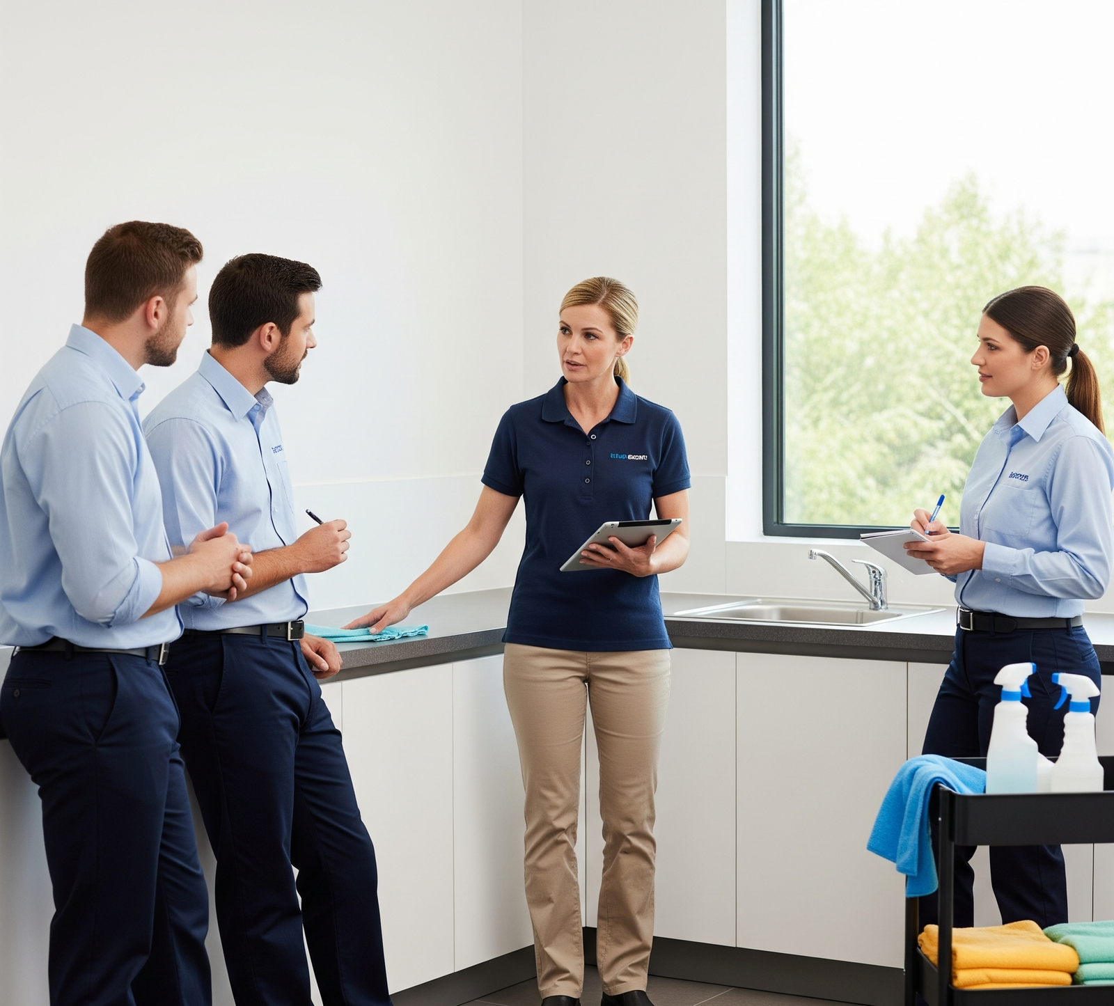 Cleaning team receiving supervisor led training as part of commercial cleaning delivery in Birmingham