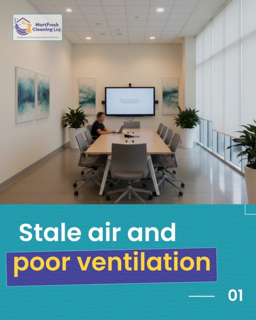 Shared office and HMO spaces showing common indoor air quality issues such as stale air, dust, and poor ventilation in Birmingham buildings