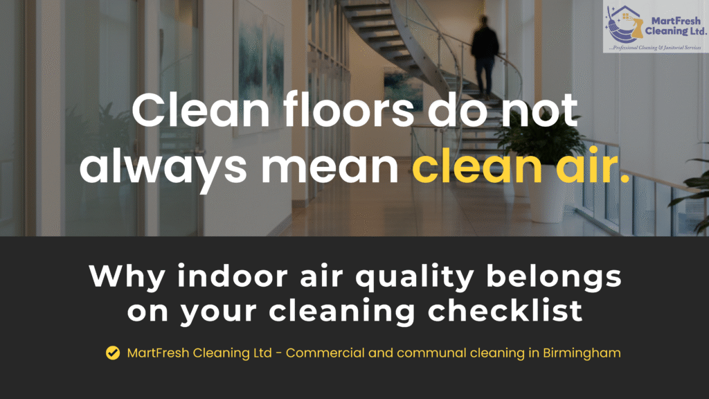 Clean commercial building corridor in Birmingham highlighting the importance of workplace air quality and professional commercial cleaning services