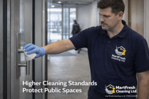 Professional commercial cleaning of high-touch surfaces in a Birmingham public building during flu season
