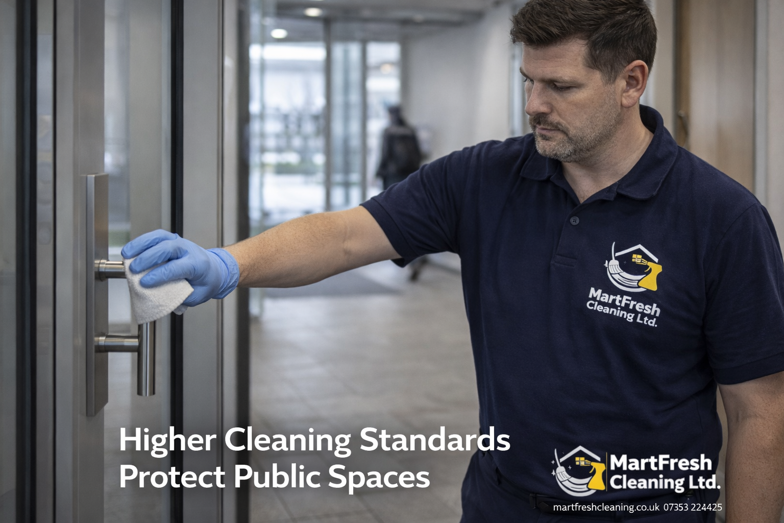 Professional commercial cleaning of high-touch surfaces in a Birmingham public building during flu season