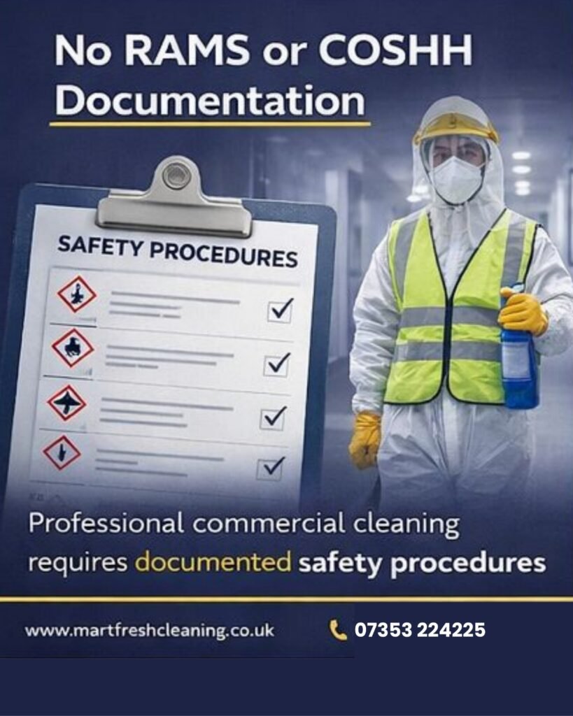 Commercial cleaning site in Birmingham showing missing RAMS and COSHH documentation on a cleaning trolley