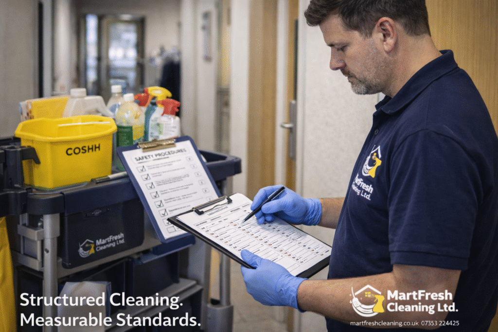 Structured commercial cleaning procedures and quality checks in a Birmingham workplace