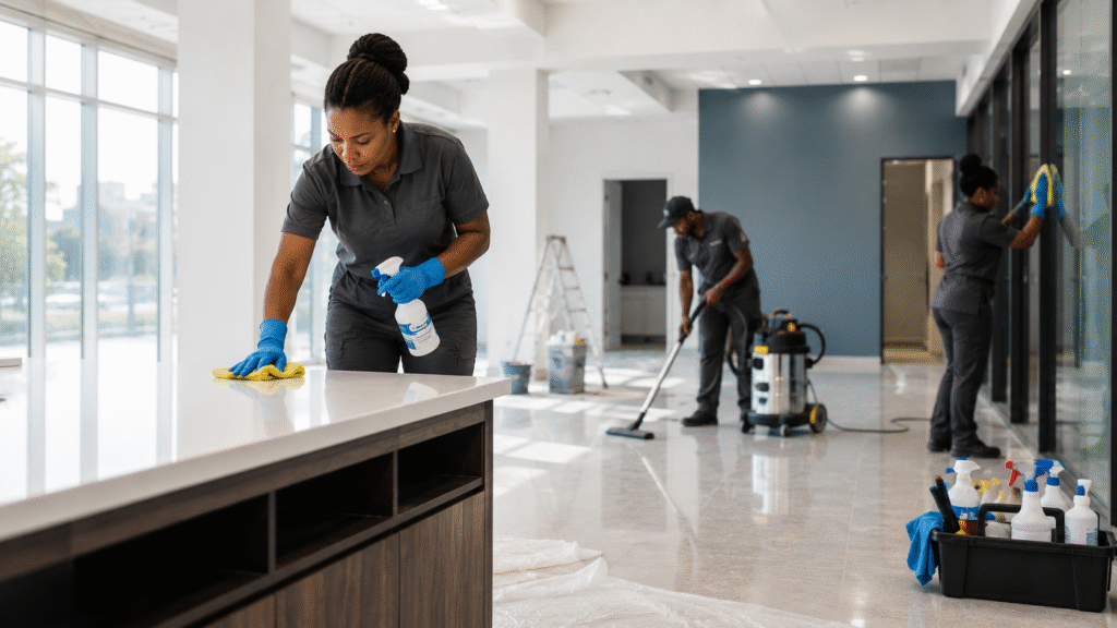 Professional cleaners performing post-construction cleaning in a modern Birmingham office after renovation.