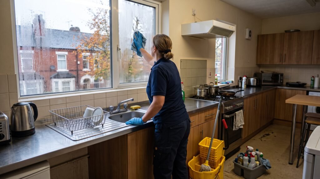 Cleaner wiping condensation from a window in a shared HMO kitchen in Birmingham